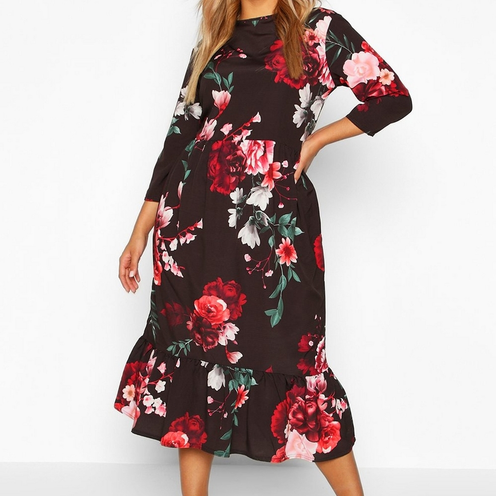NWT Boohoo Floral Ruffle Hem Midi Dress